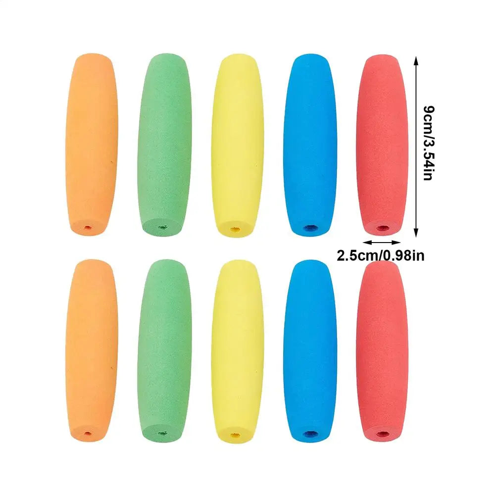 A set of ten foam grip sleeves for tools and utensils in various colors including orange, green, yellow, and blue.