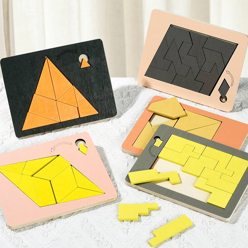 A collection of wooden geometric brain teaser puzzles in various colors and shapes, including triangles and interlocking piec