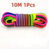 A colorful set of 10 meters of elastic jump rope training bands in various bright colors.