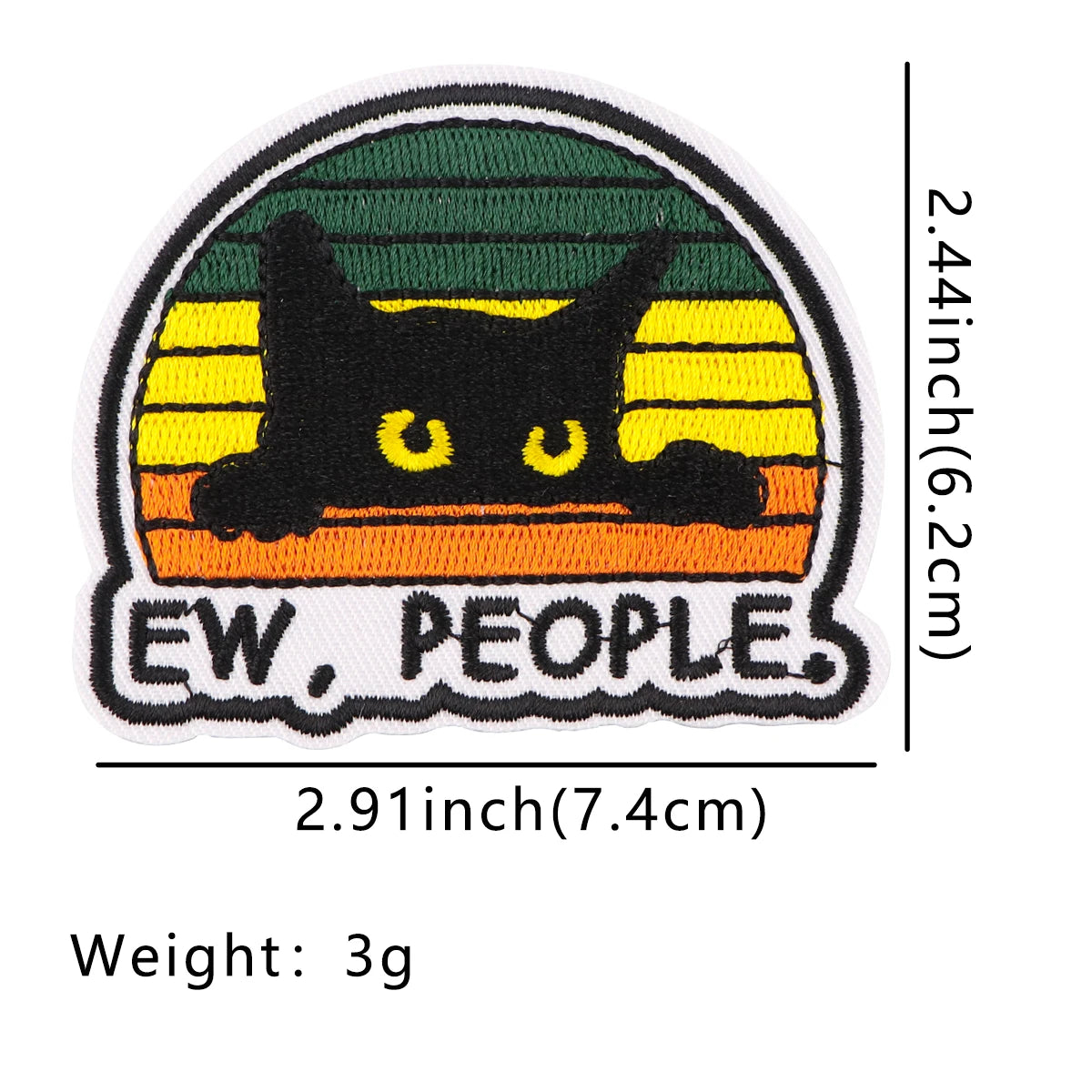 An embroidered patch featuring a black cat silhouette against a striped background with the text EW PEOPLE.