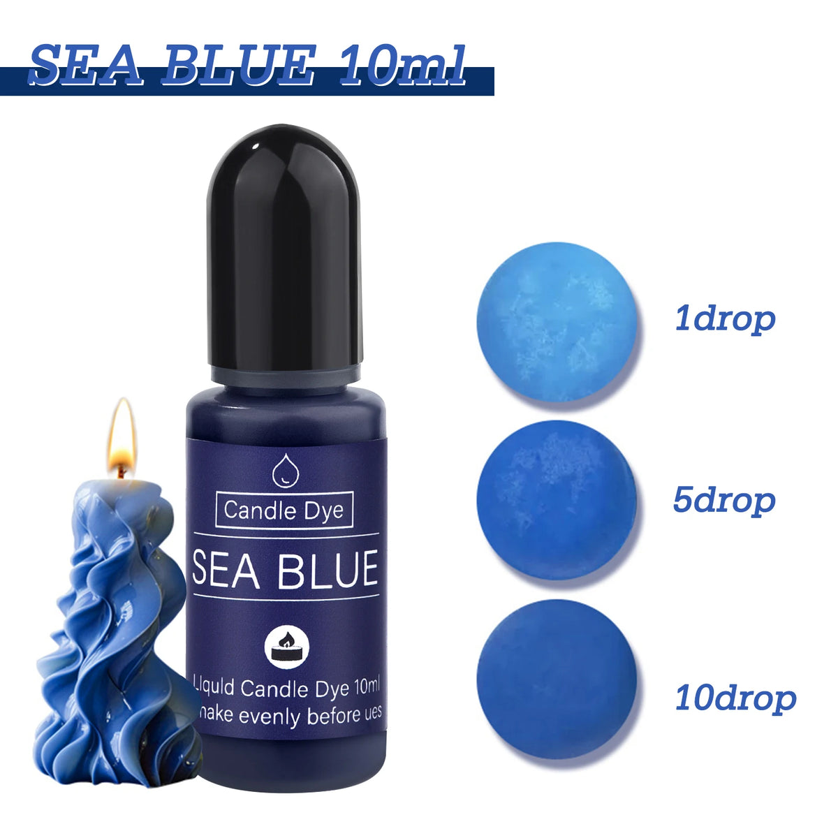 A bottle of Sea Blue 10ml liquid candle dye with dropper, showing single, five, and ten drops on a white background.