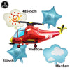 A red and yellow foil balloon airplane model is shown with several accompanying white and blue foil balloons for party decora