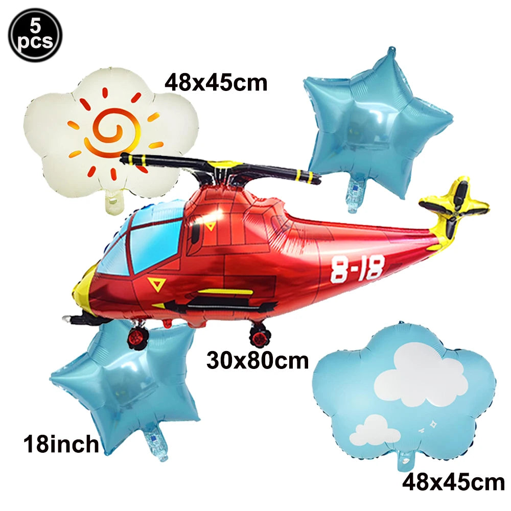 A red and yellow foil balloon airplane model is shown with several accompanying white and blue foil balloons for party decora