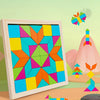 A wooden geometric shape puzzle featuring colorful triangles and squares displayed on a light green background.