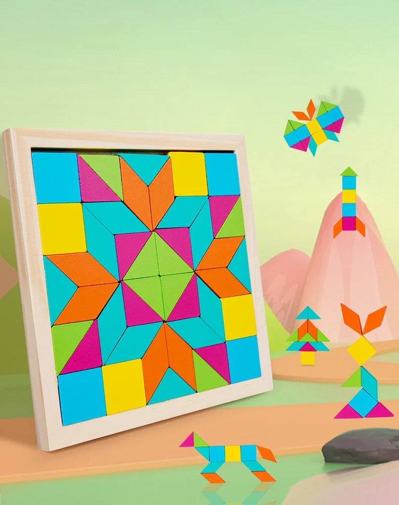 A wooden geometric shape puzzle featuring colorful triangles and squares displayed on a light green background.