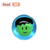A bright green squishy toy shaped like a smiling pumpkin head with black hair, set against a blue background.