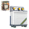 A white and gray retro radio building block set with a green label, shown from the front.
