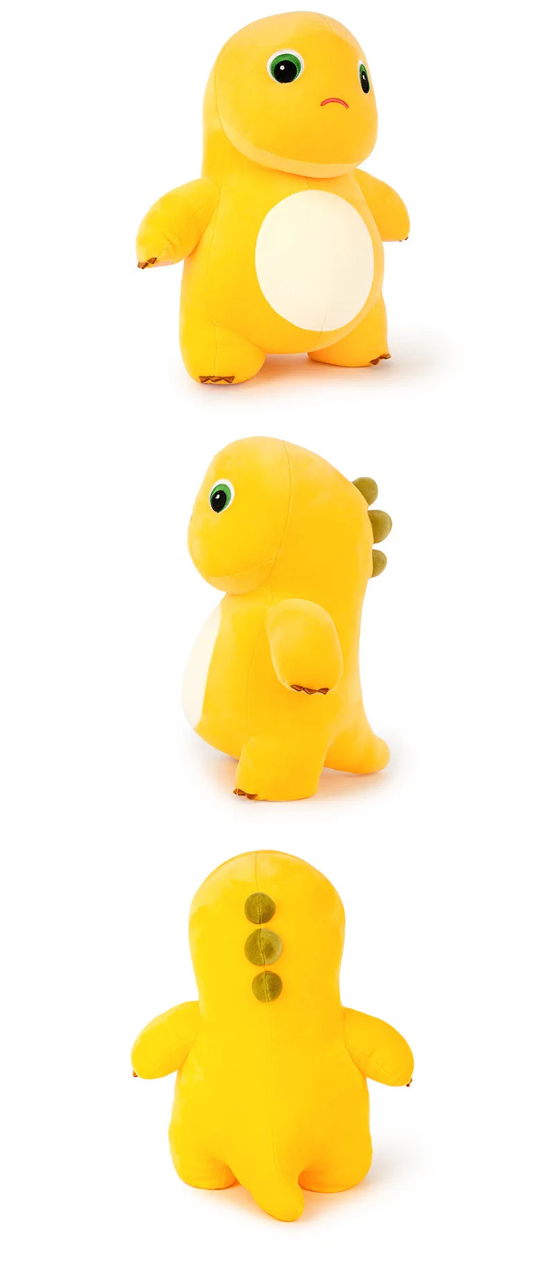 A yellow, soft plush toy of a cute dinosaur or milk dragon.