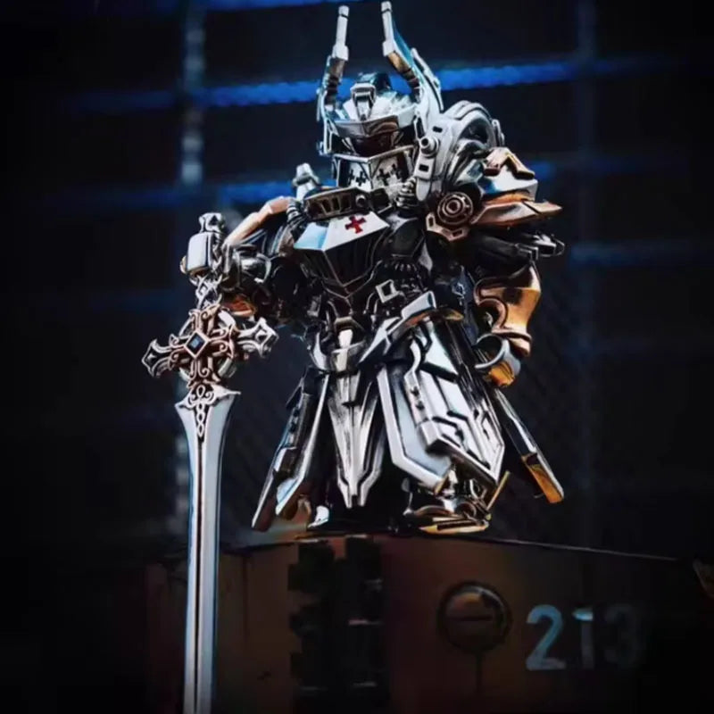 A highly detailed silver and gold metal figurine of a futuristic warrior or adjudicator standing on a dark platform.