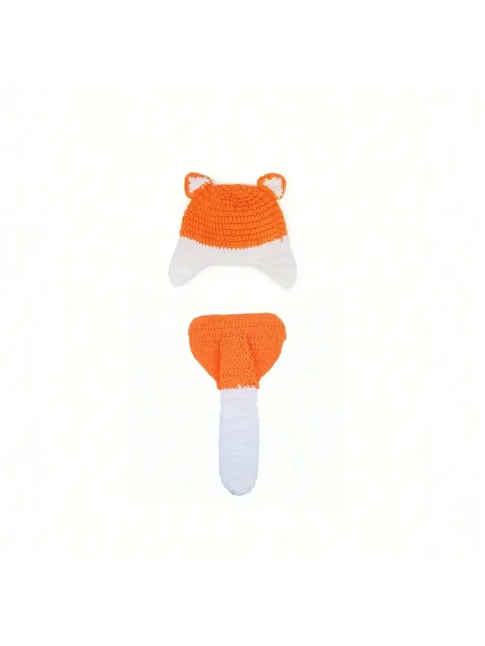 Handmade crochet newborn fox costume for baby photography in orange and white.