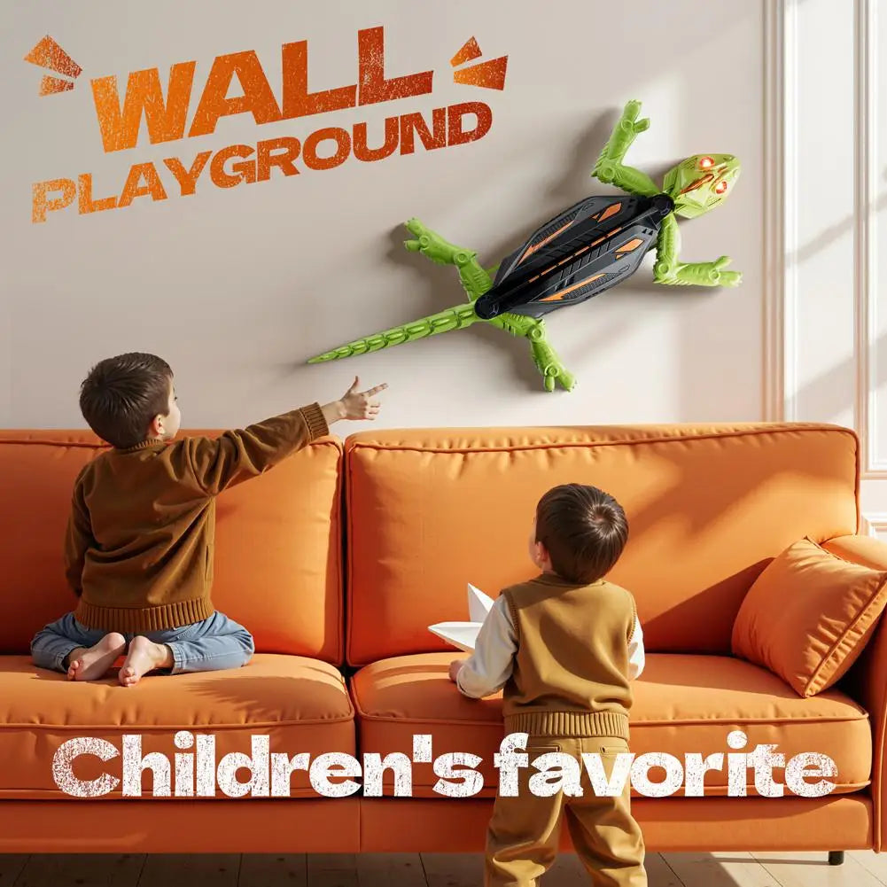 A child is playing with a wall-climbing RC gecko toy against a background featuring the Wall Playground text.