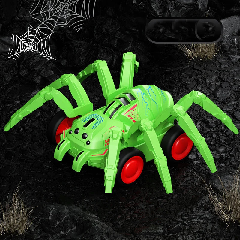 A bright green inertia-powered spider crawling toy car is shown on a dark, rocky surface.