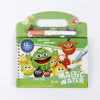 A green pencil case holds a book about magic water painting featuring colorful fruits and vegetables.