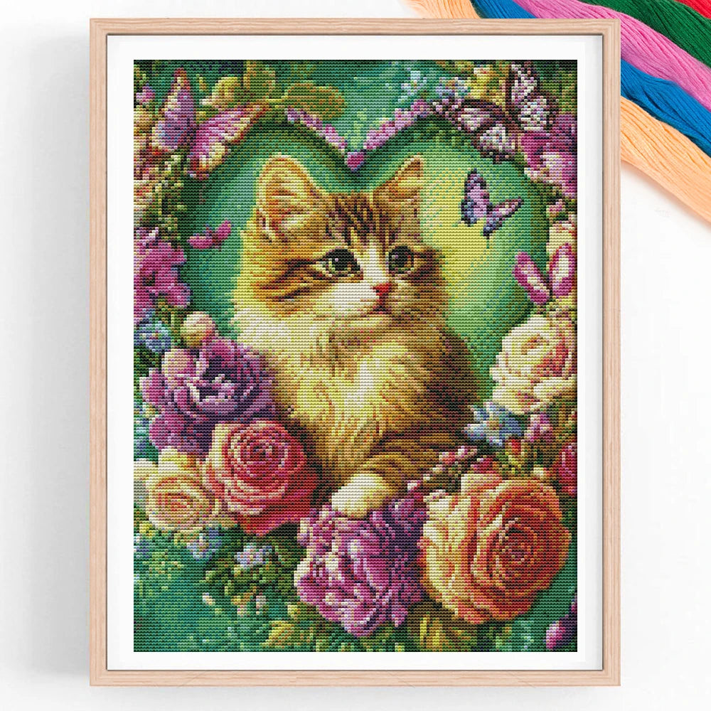 DIY Cross Stitch Kit for Beginners — Cat & Rose Pattern, 11CT Pre-Printed Canvas