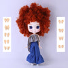 A Blyth 1/6 scale fashion doll with bright red curly hair wearing a blue dress and displaying various hand poses.