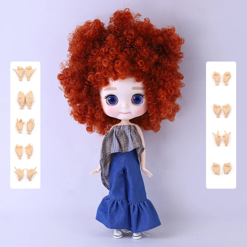 A Blyth 1/6 scale fashion doll with bright red curly hair wearing a blue dress and displaying various hand poses.