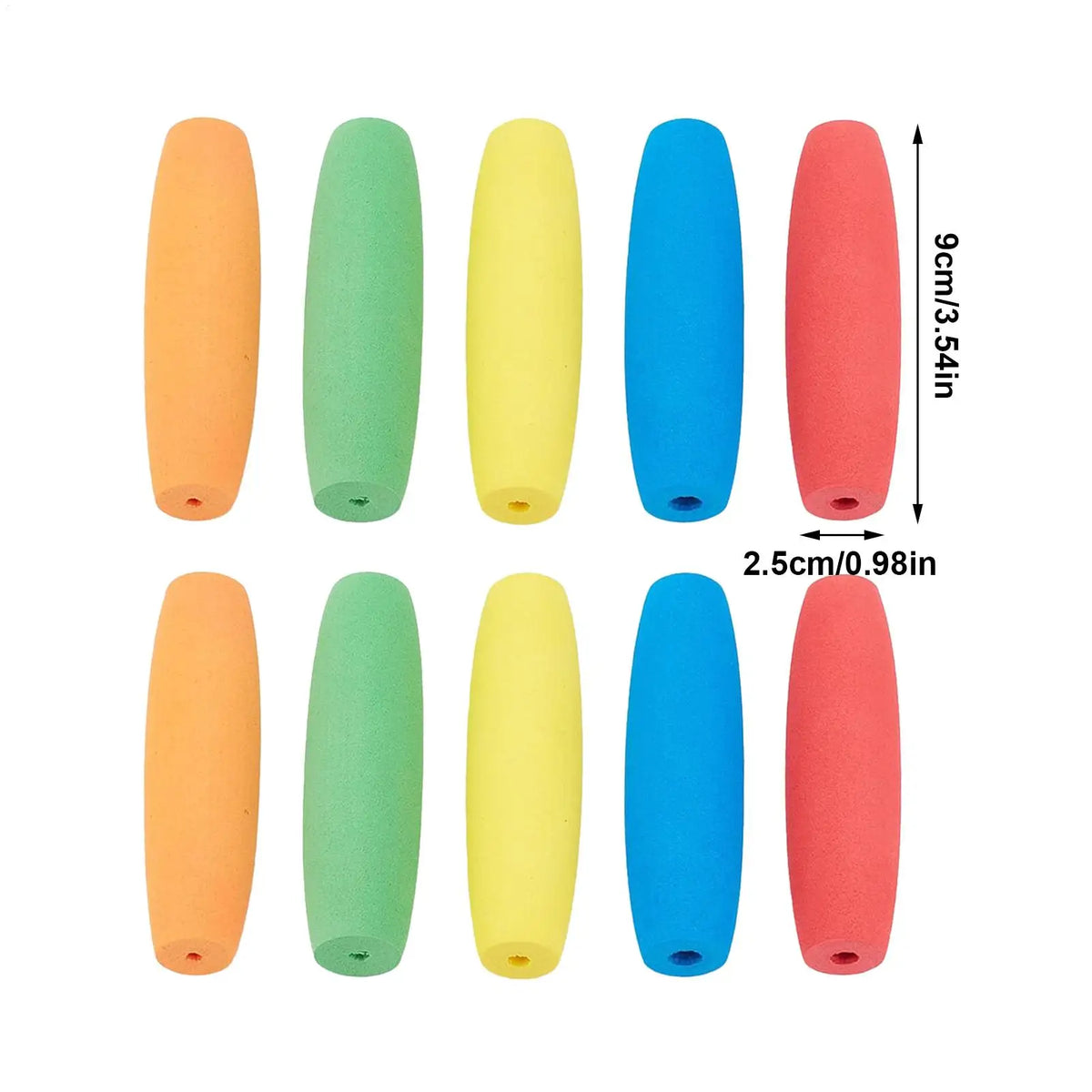 A set of ten foam grip sleeves for tools and utensils in various colors including orange, green, yellow, and blue.