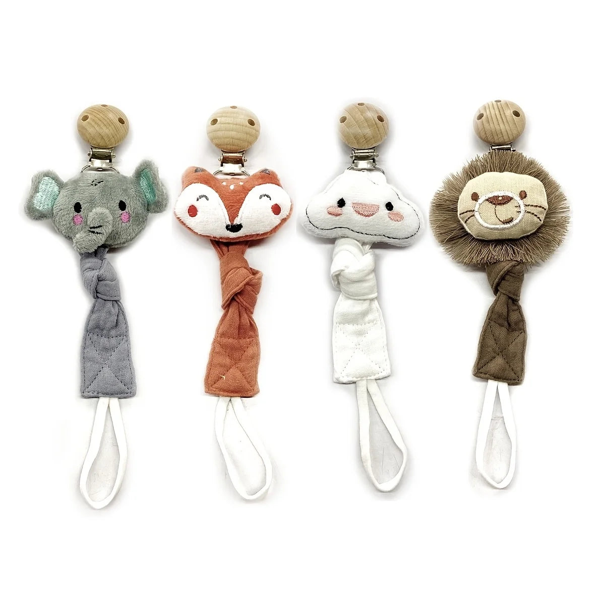 A set of four elephant pacifier holders featuring various textures and colors like gray, orange, white, and brown.