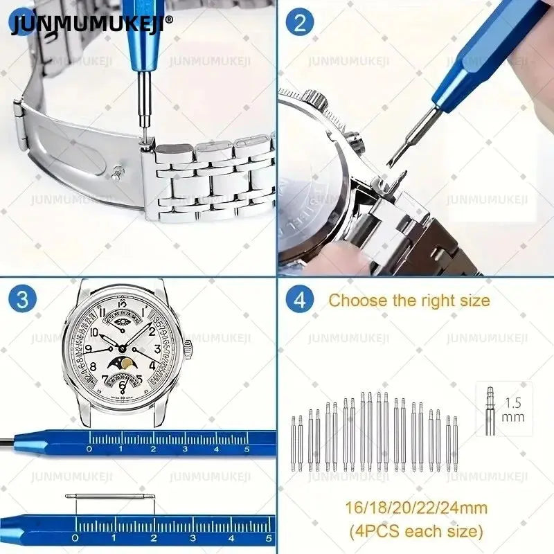 A set of precision watch repair tools and a blue tool being used on a watch case.