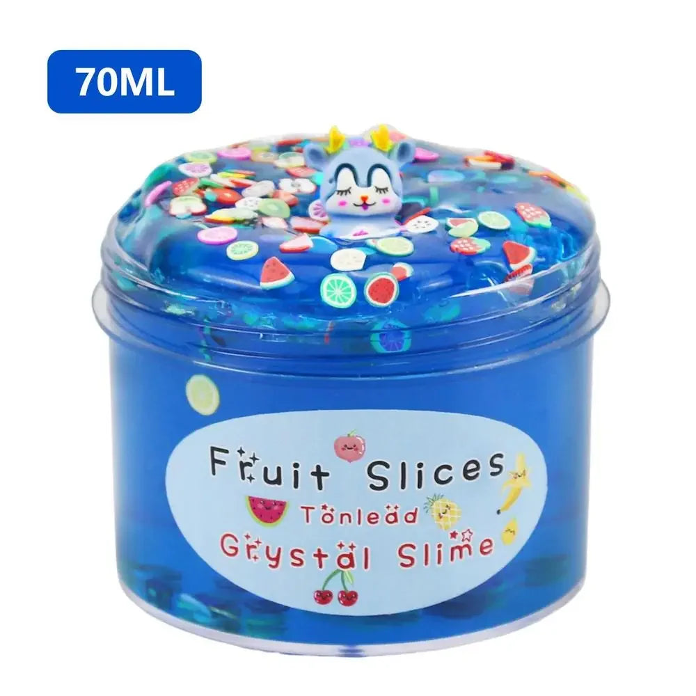 A jar of blue slime putty with colorful sprinkles and a cat face design.