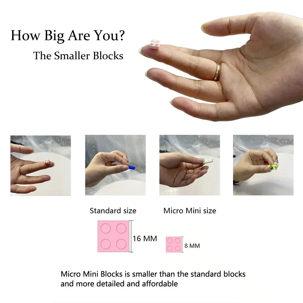A hand holds a small pink building block next to various sized blocks, including standard and micro mini sizes.