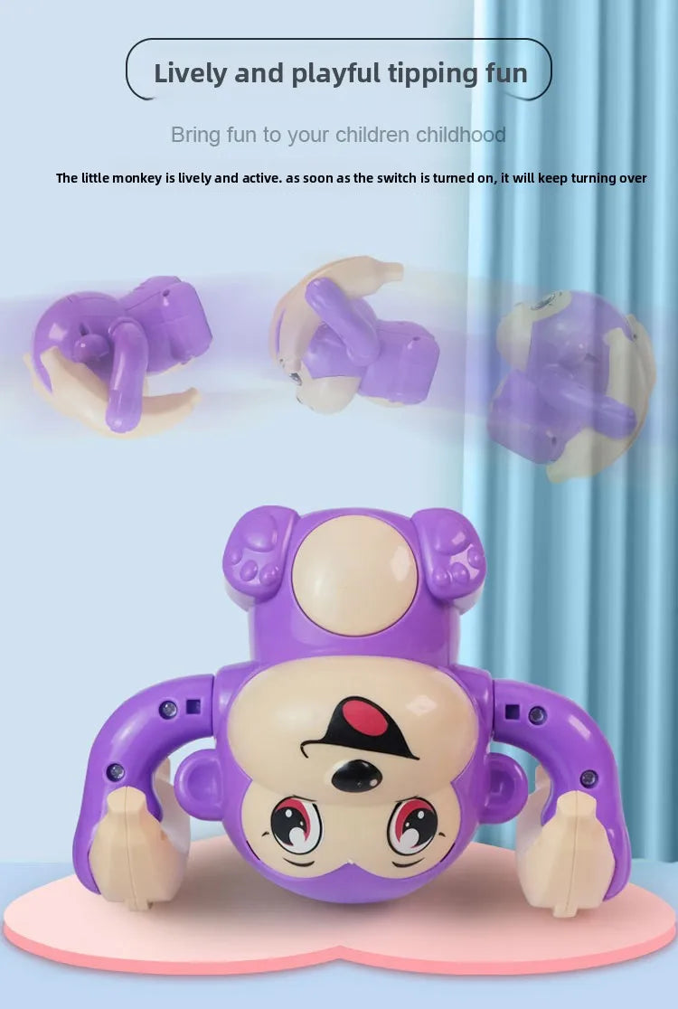 Un jouet singe électrique violet à roulettes, montré dans diverses poses et de face, conçu pour les enfants.