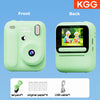 Front and back views of a light green instant print camera showing the print area and controls
