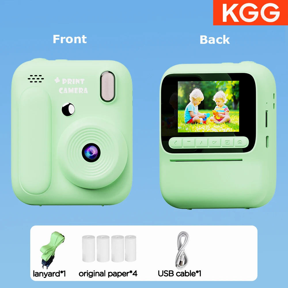 Front and back views of a light green instant print camera showing the print area and controls