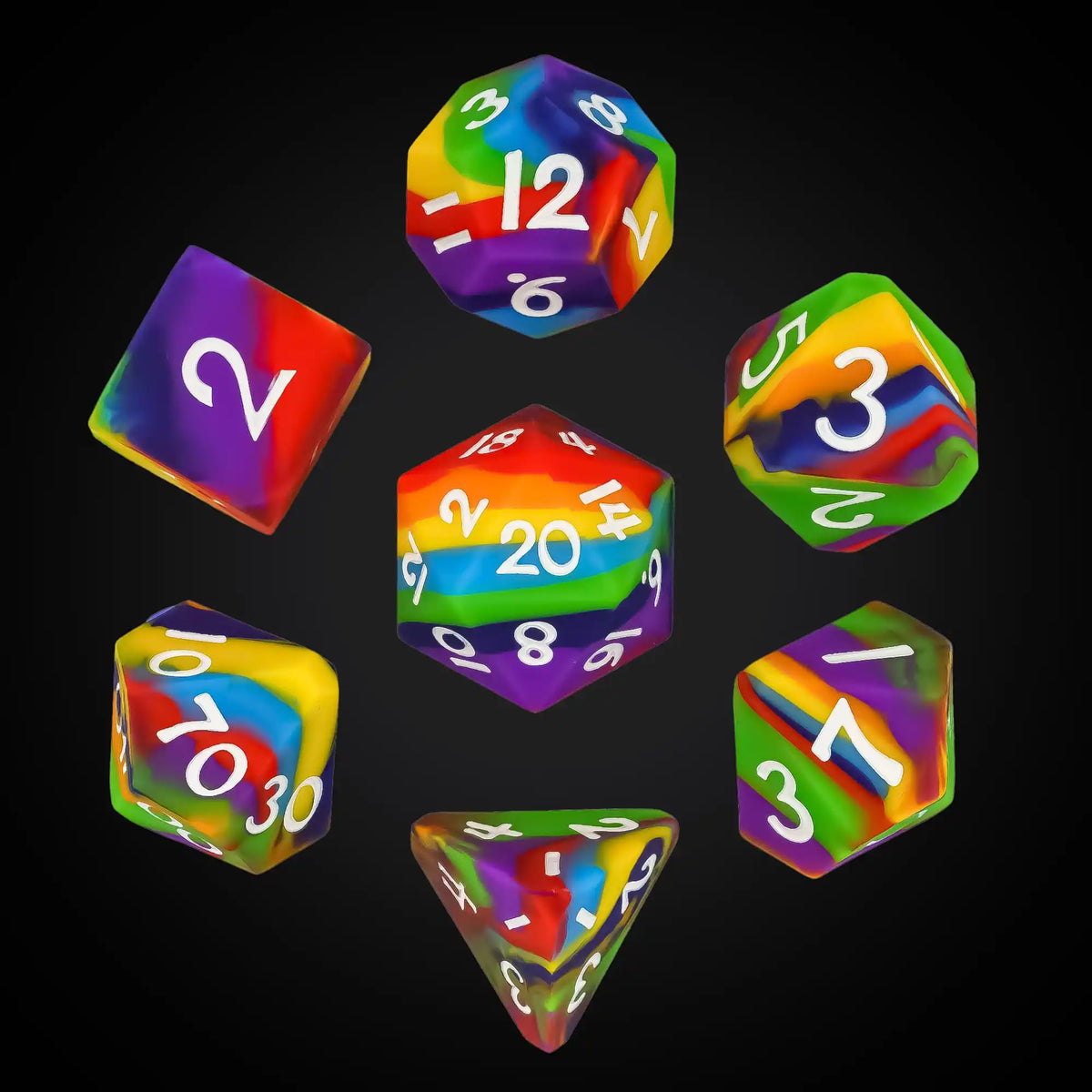 A set of colorful silicone polyhedral dice, including a dodecahedron and a tetrahedron, displayed against a black background.
