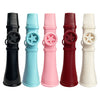 Five colored portable kazoo flutes in black, light blue, pink, red, and white with lanyards.