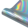 A roll of holographic glitter heat transfer vinyl showing iridescent rainbow colors.