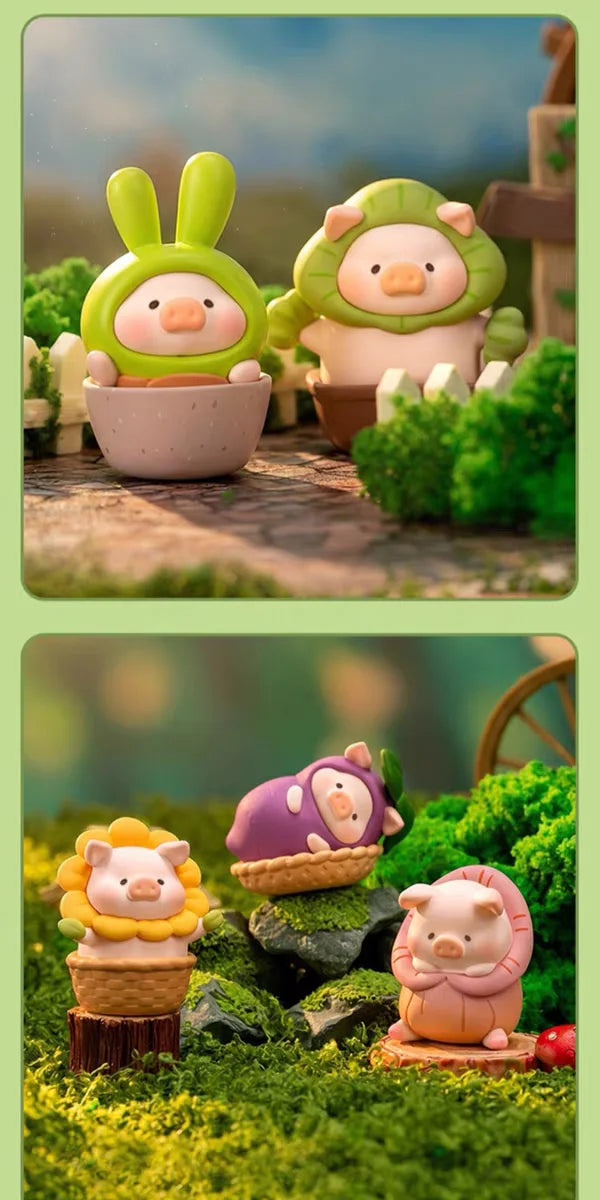 A collection of three Lulu the Piggy Garden series figurines featuring a rabbit, a pig, and a hedgehog in natural green and p
