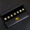 A set of mini planet polyhedral dice in a black box with gold accents.