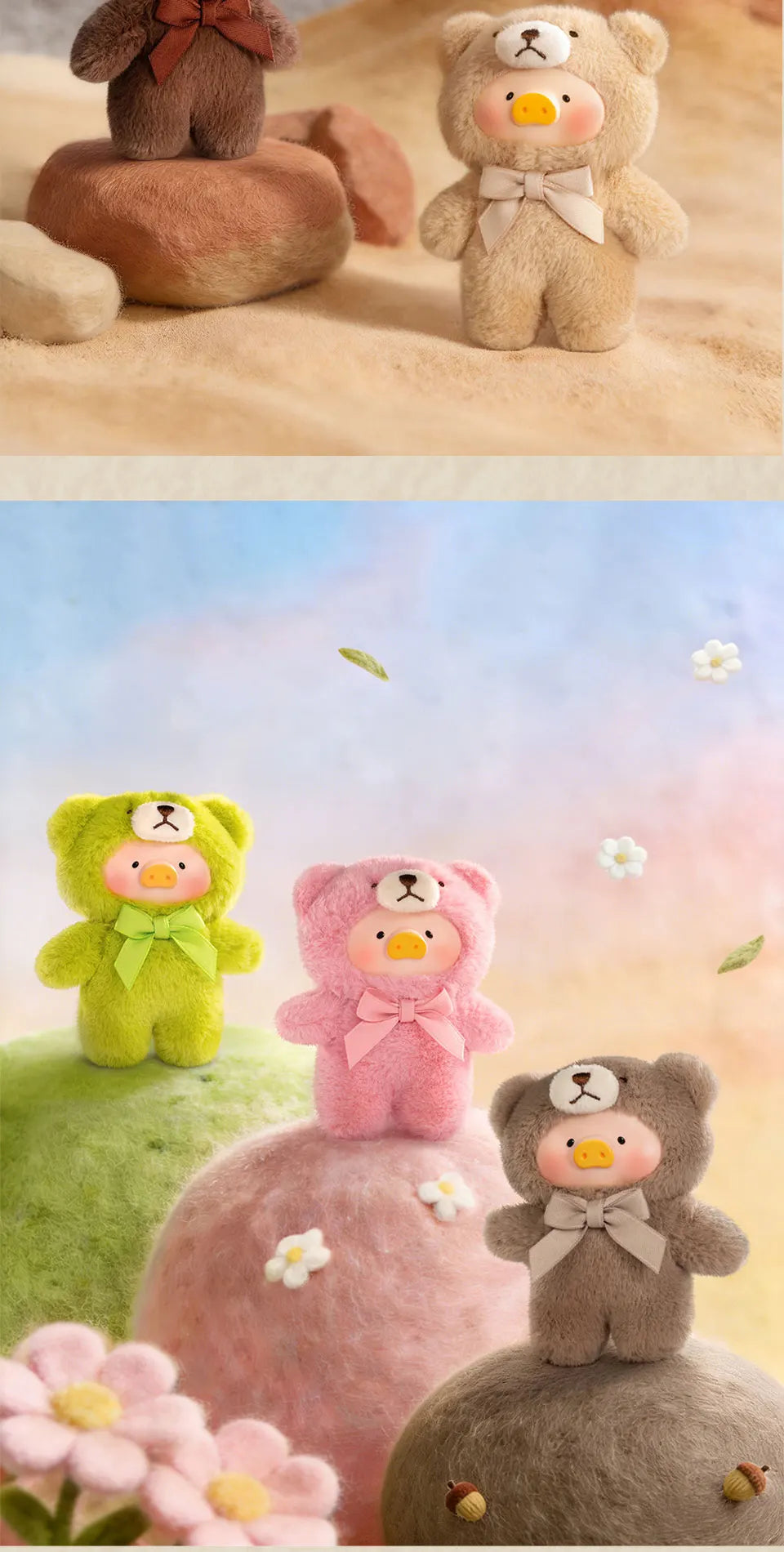 Three fluffy teddy bears in natural tones sit on pink and green mounds against a soft background.
