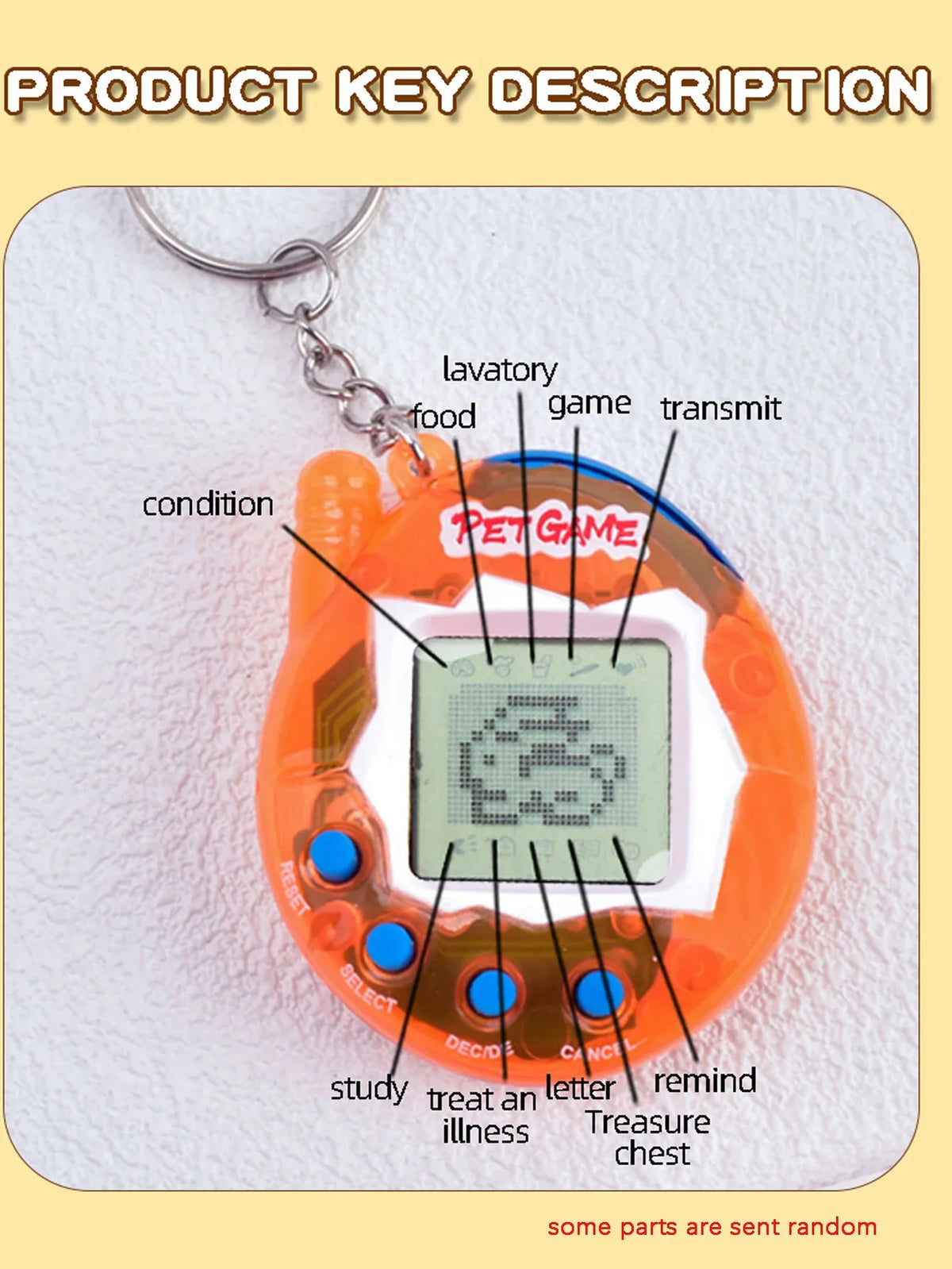 An orange electronic pet game toy with a digital screen and various buttons is shown on a white surface.