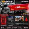 A red RC container truck model with a black remote control and various accessory parts for assembly.