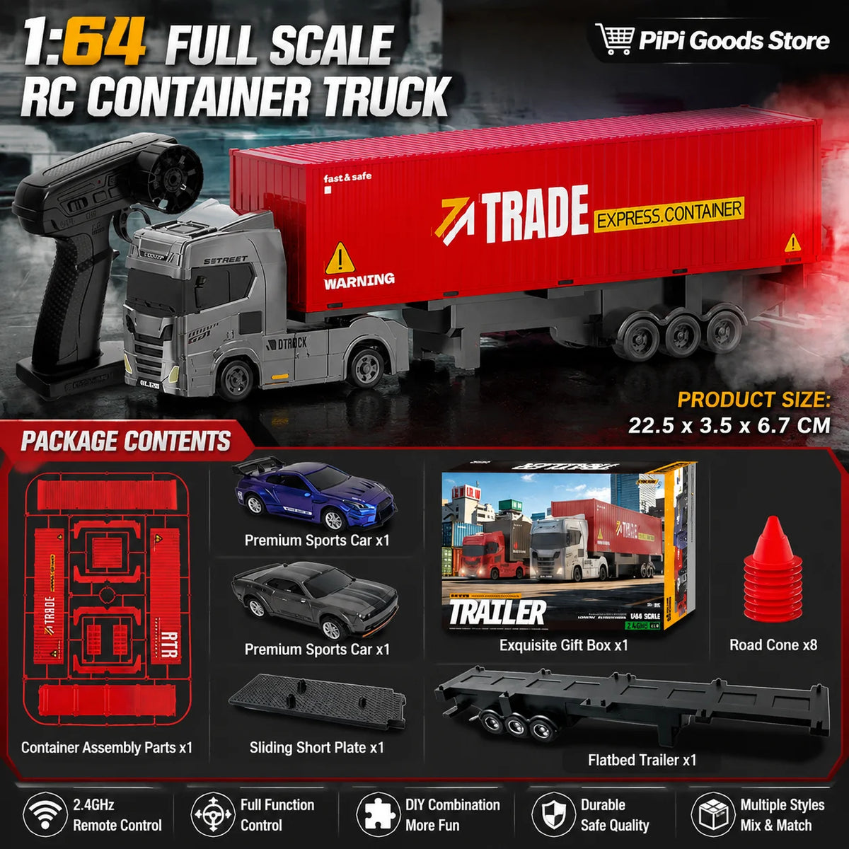 A red RC container truck model with a black remote control and various accessory parts for assembly.