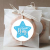 A white gift bag tied with natural twine featuring a light blue star design that reads Team Boy.