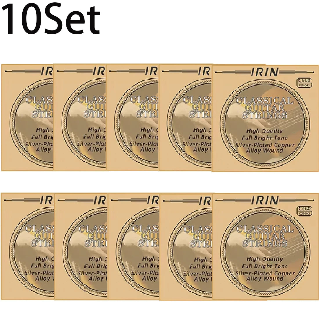 A set of 10 classical guitar strings featuring silver-plated copper wound strings.