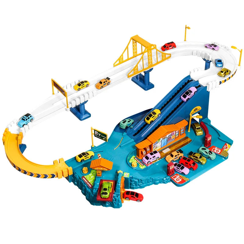 A yellow and blue dinosaur rail car adventure playset featuring a track, building, and parking lot area.