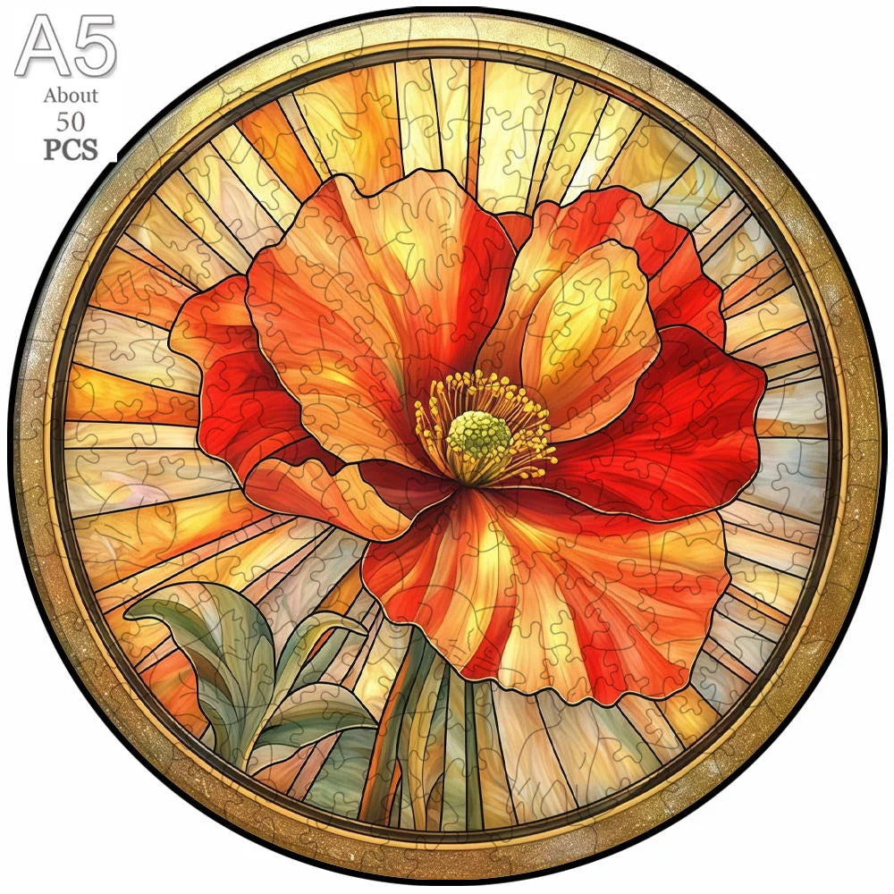 A jigsaw puzzle featuring a vibrant orange and red flower against a sunburst background.