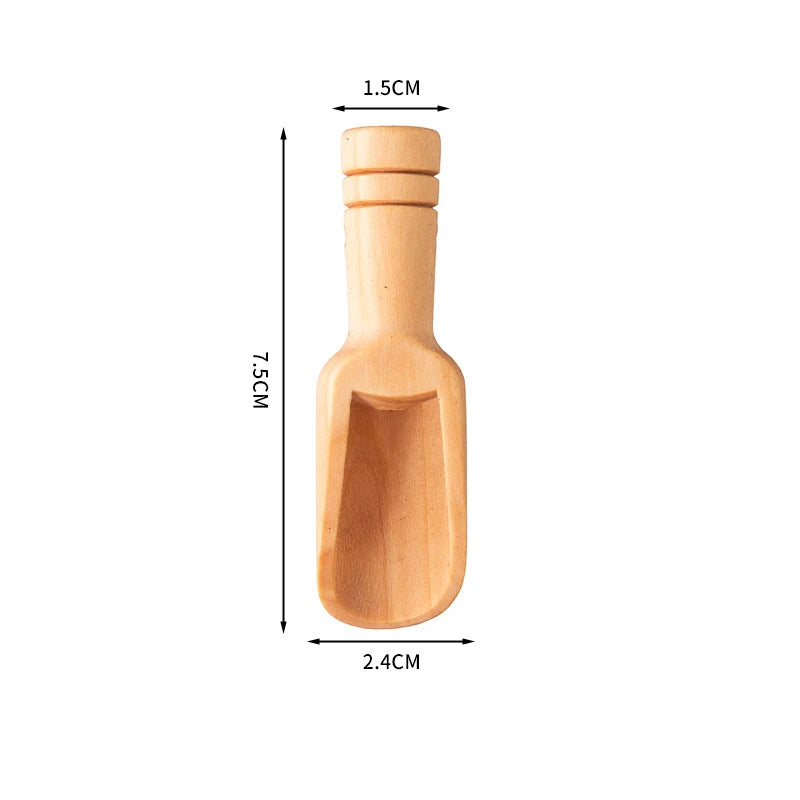 A natural wooden scoop spoon with a handle, shown in a vertical view.