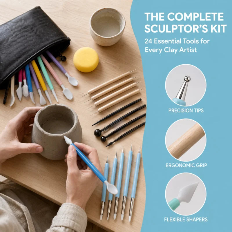 A collection of 24 essential tools for clay artists including sculpting tools, tips, and shapers laid out on a wooden surface