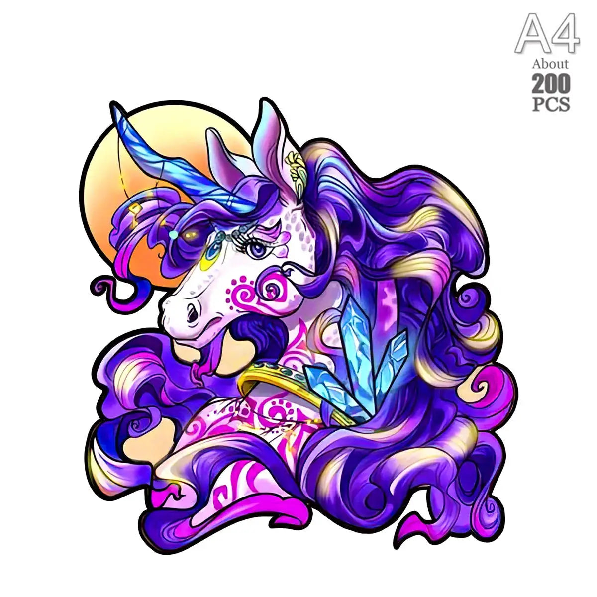 A colorful illustration of a unicorn head with purple and white hair, featuring iridescent details.