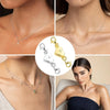 Close-up shots of a silver and gold magnetic heart jewelry clasp necklace worn by a woman.