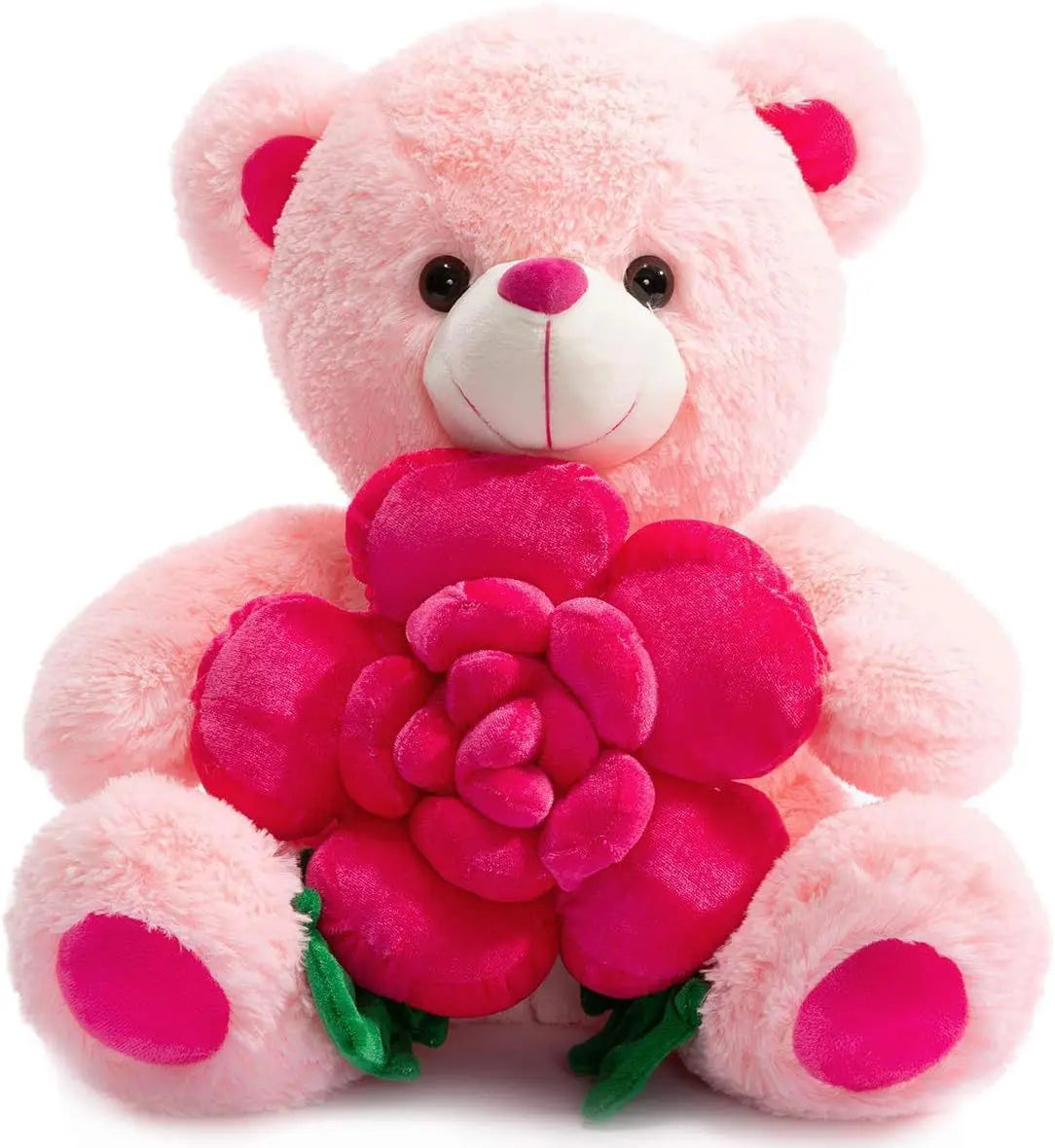 A pink plush bear holding a large, vibrant pink rose flower.