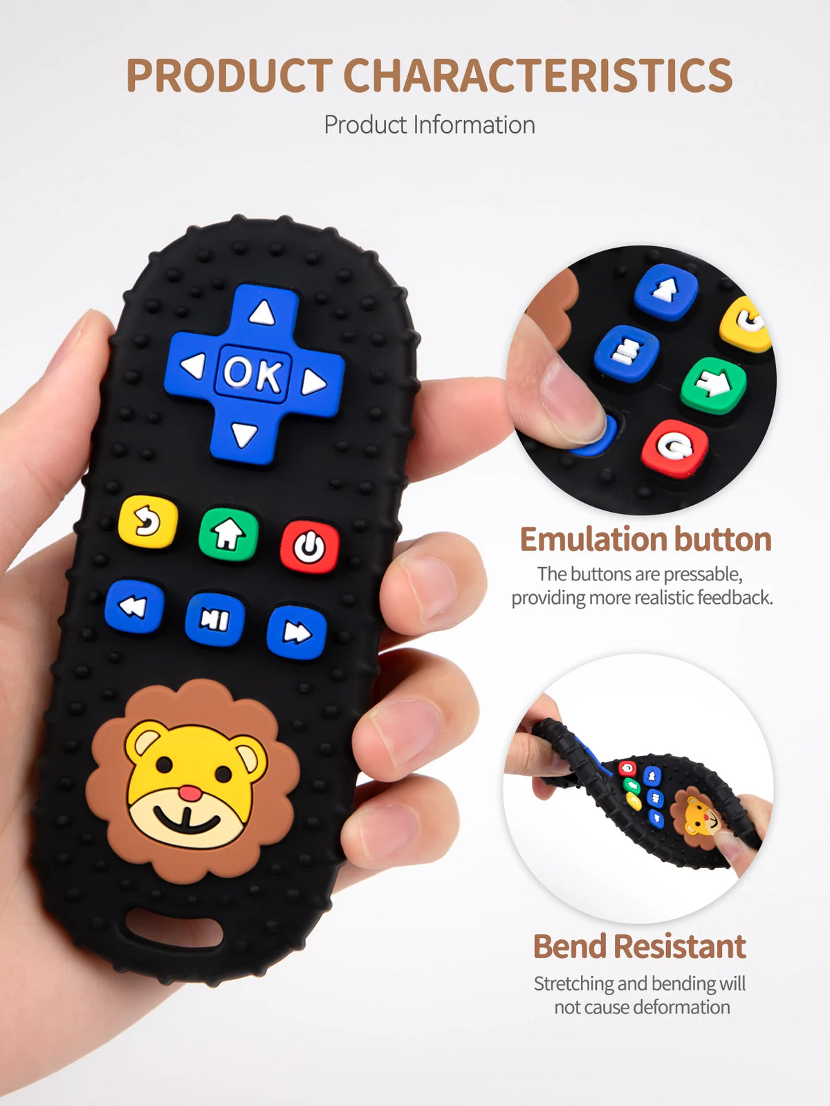 A hand holds a black lion-shaped silicone baby teether with remote control buttons, demonstrating its features.