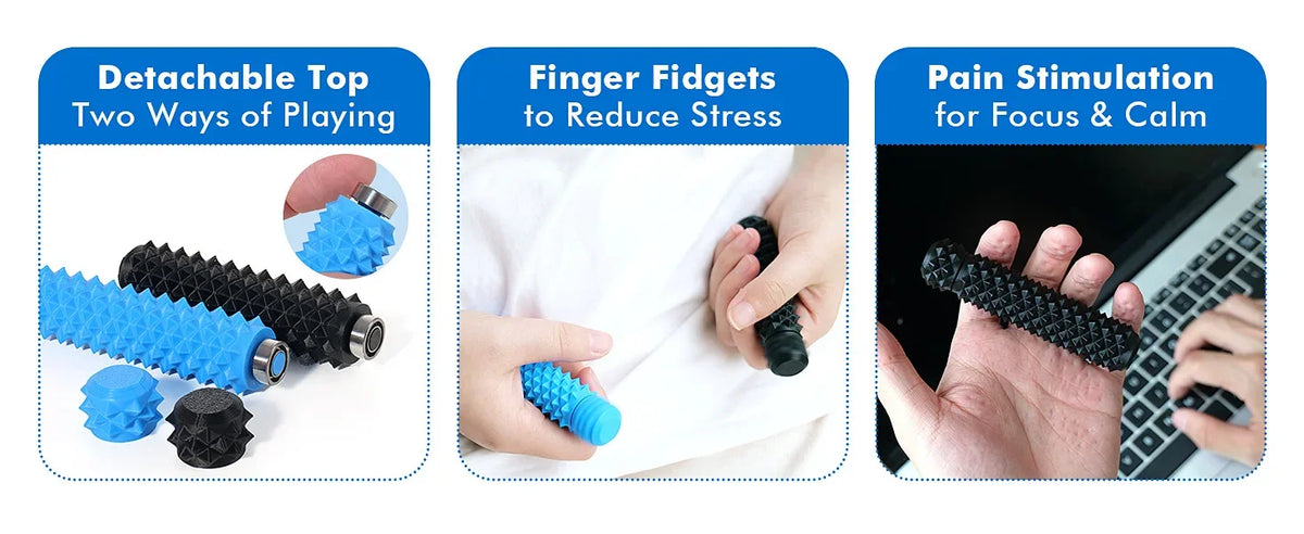 Blue and black spike roller fidget toys used for stress relief and pain stimulation