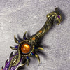Detaillierte 11-Zoll-Metall-Naraka Bladepoint Katana-Replik mit verzierten Gold- und Violett-Akzenten.