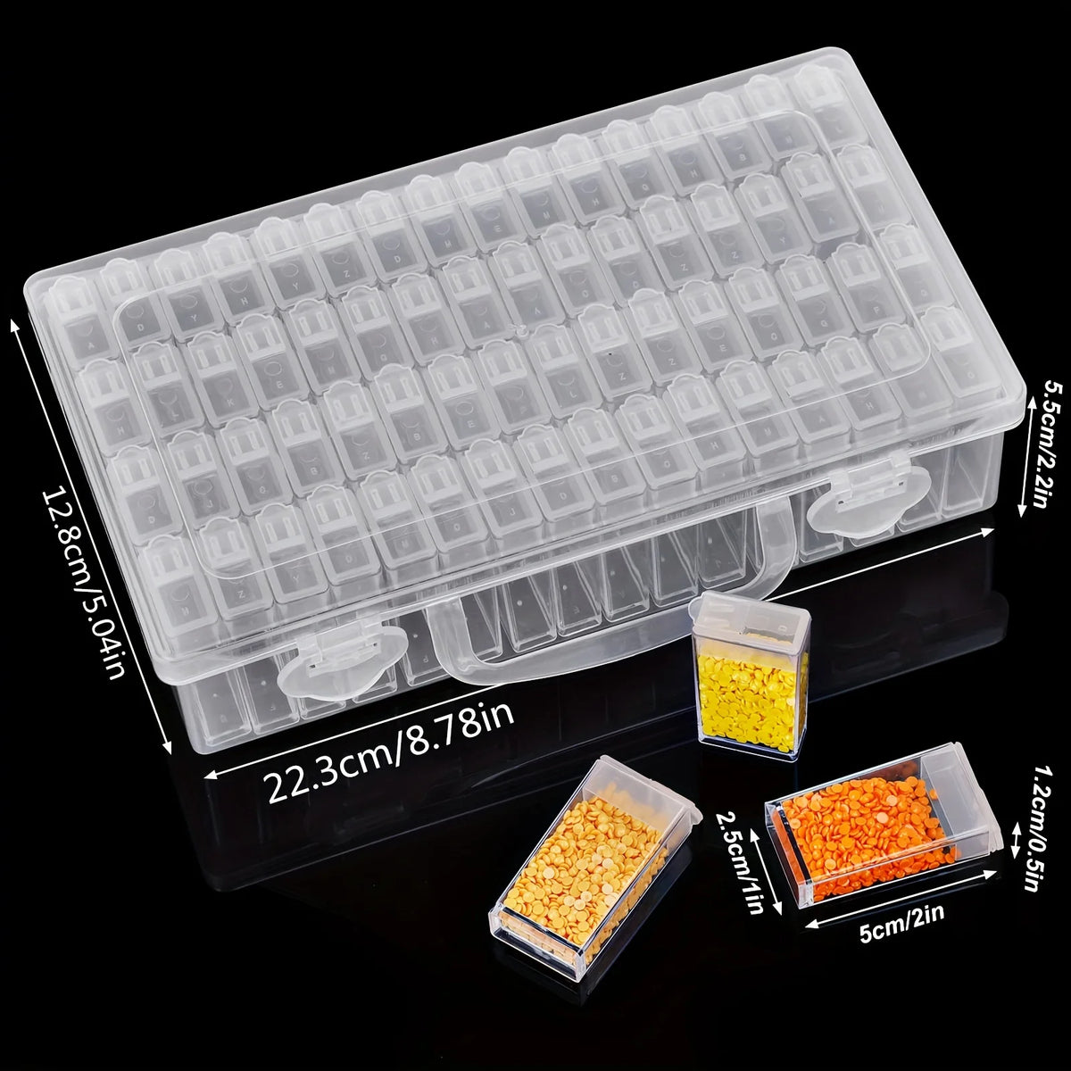 Clear plastic multi-compartment storage organizer for beads and craft supplies with various sized compartments.